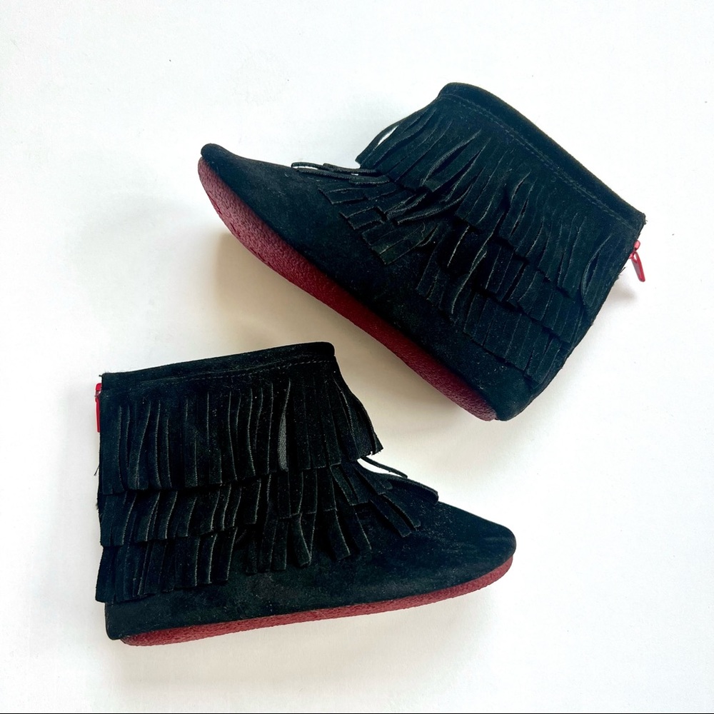 Black suede fringe soft sole red boots with red zippers